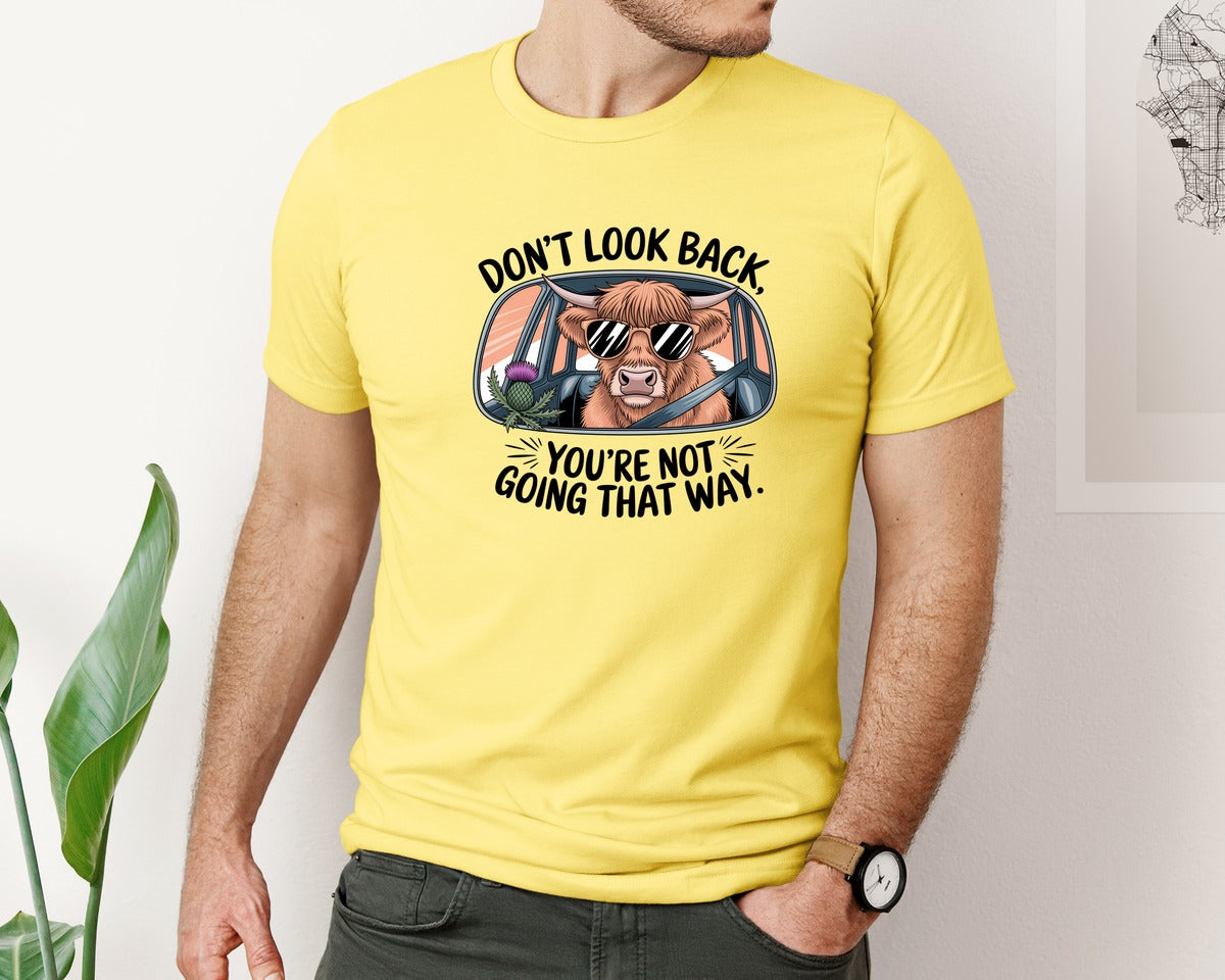 brand:Bella Canvas|color:Yellow|Dont Look Back Highland Cow Graphic T-Shirt