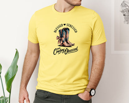 brand:Bella Canvas|color:Yellow|Blessed Stressed Mom Western Mothers Day 3 Graphic T-Shirt