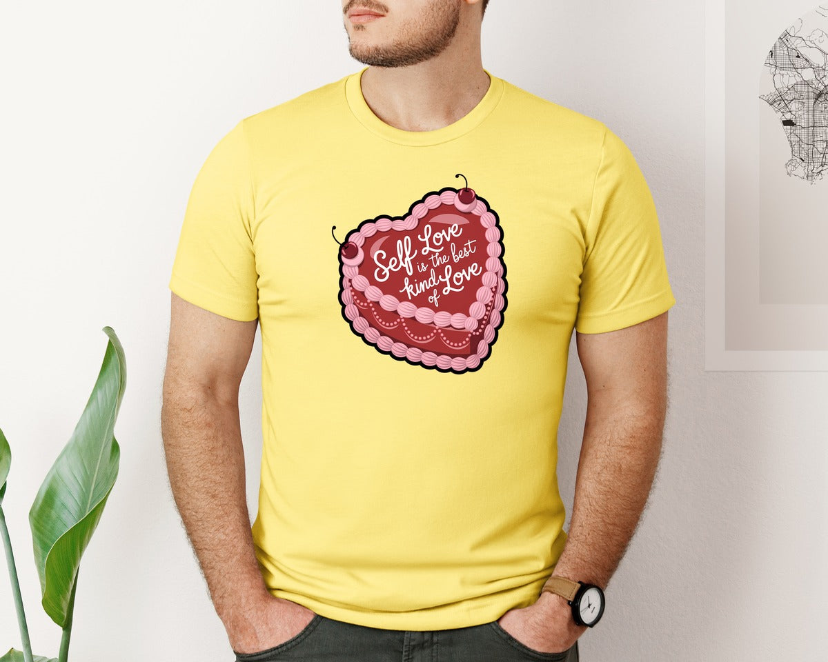 brand:Bella Canvas|color:Yellow|Self Love Cake Heart Shaped Design 2 Graphic T-Shirt