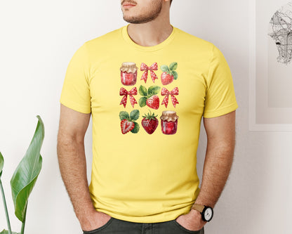 brand:Bella Canvas|color:Yellow|Summer Strawberry Bow Festival Graphic T-Shirt