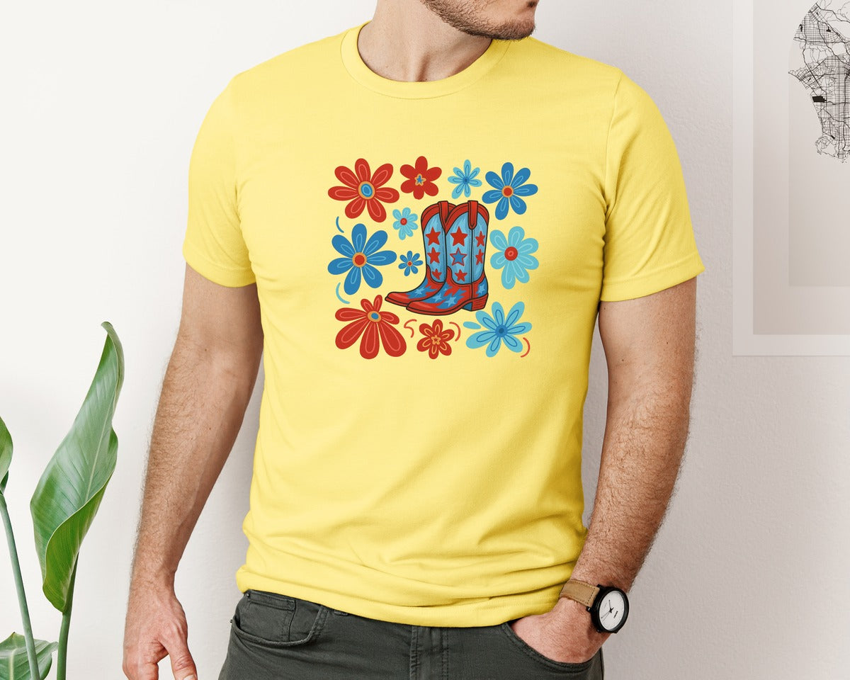 brand:Bella Canvas|color:Yellow|Floral Western Cowgirl Boot America Graphic T-Shirt
