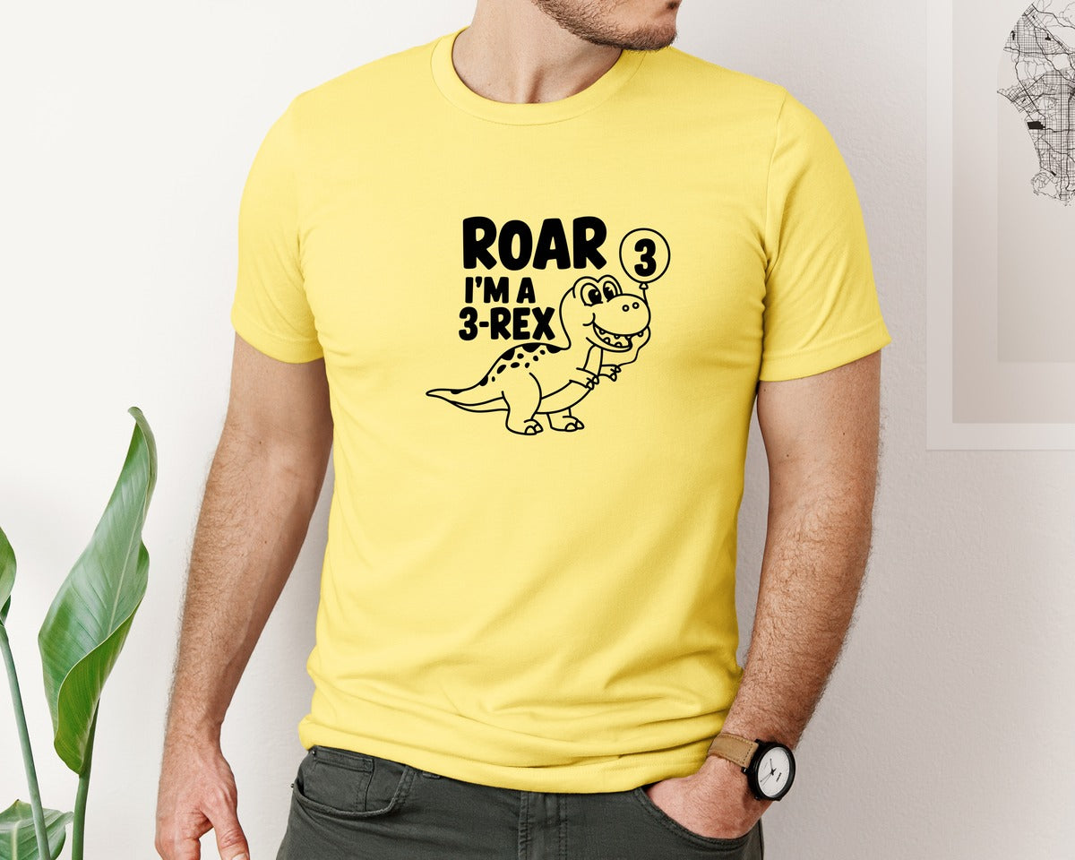 brand:Bella Canvas|color:Yellow|3 Rex Dinosaur Birthday Graphic T-Shirt
