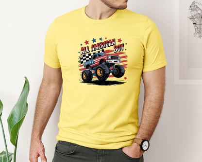 brand:Bella Canvas|color:Yellow|All American Boy Monster Truck Graphic T-Shirt