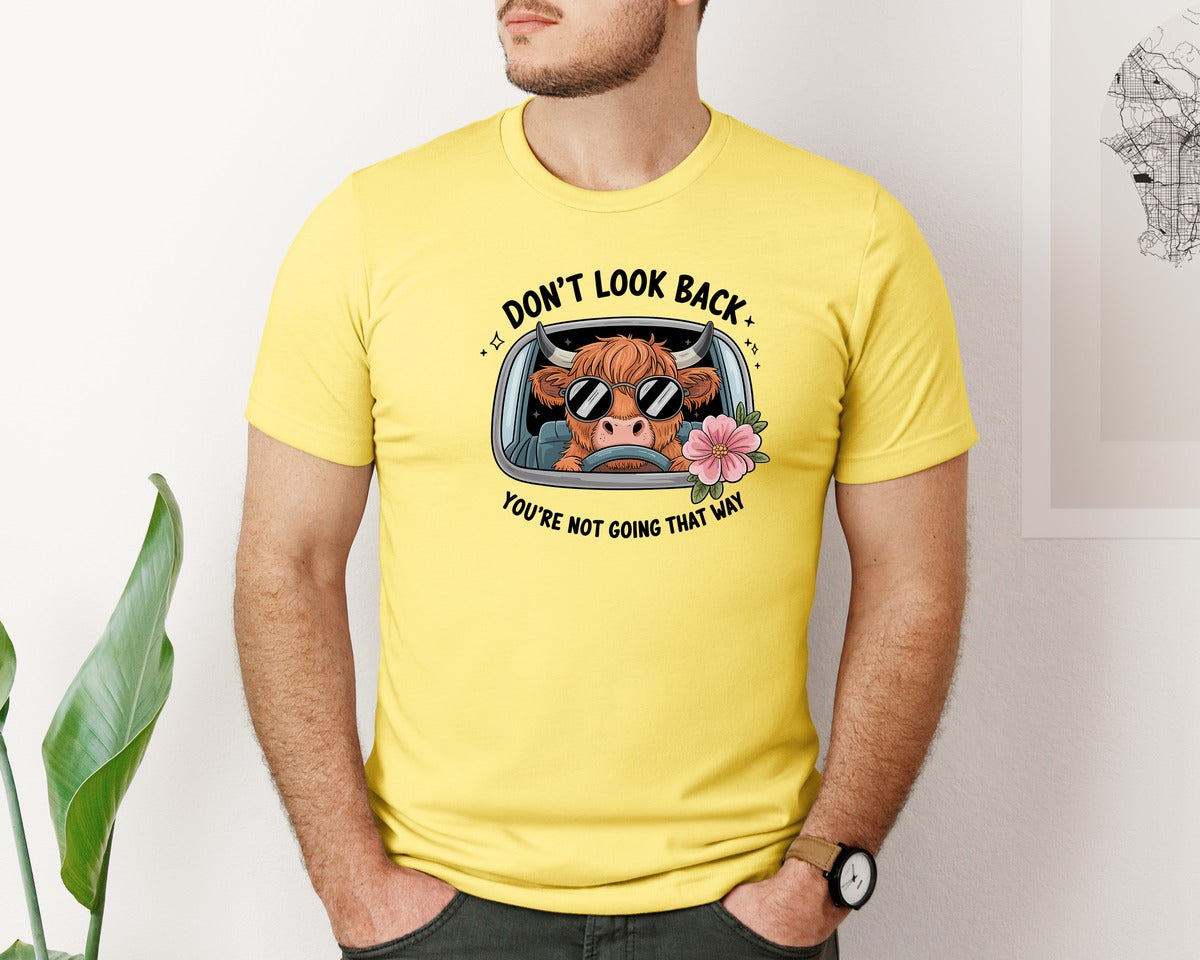 brand:Bella Canvas|color:Yellow|Highland Cow Dont Look Back Quote Graphic T-Shirt