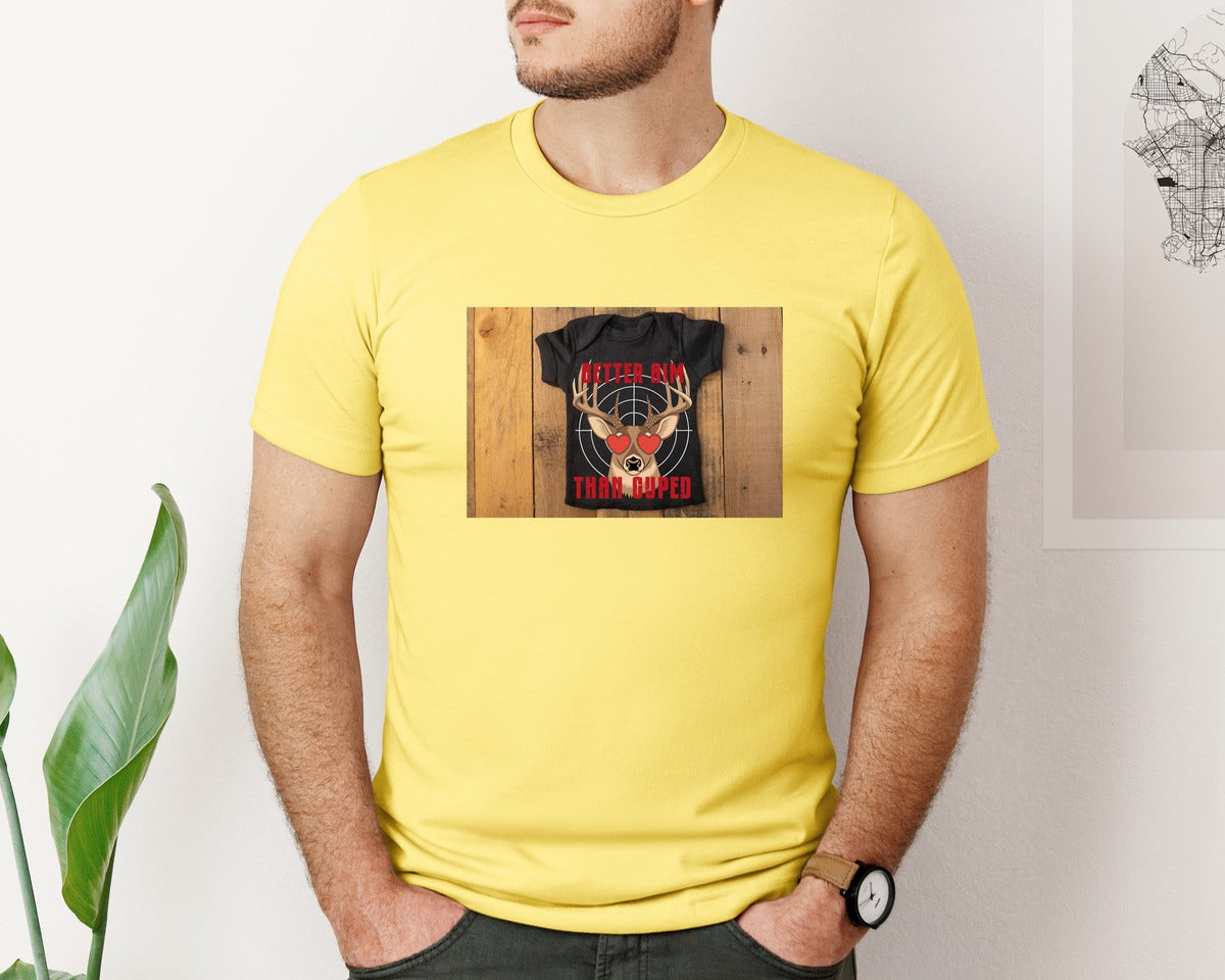 brand:Bella Canvas|color:Yellow|Better Aim Than Cupid Funny Deer Graphic T-Shirt