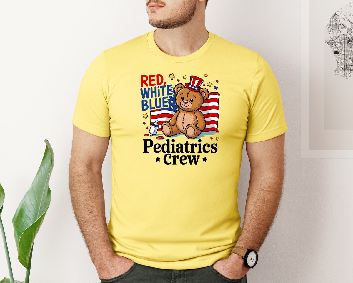 brand:Bella Canvas|color:Yellow|Red White Blue Pediatrics Crew Bear Graphic T-Shirt