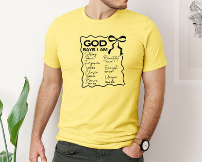 brand:Bella Canvas|color:Yellow|God Says I Am Coquette Christian Graphic T-Shirt