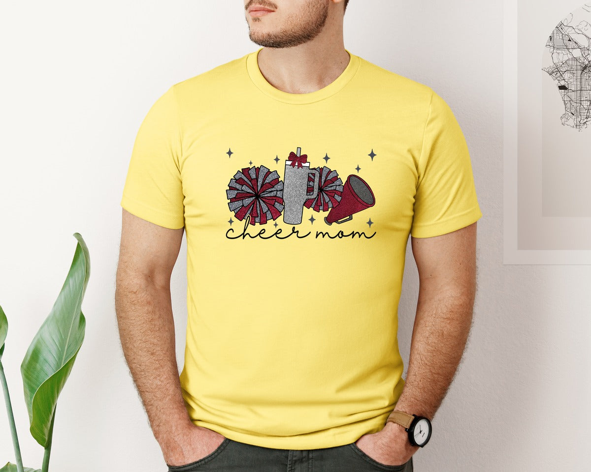 brand:Bella Canvas|color:Yellow|Cheer Mom Glitter Cheerleading Graphic T-Shirt