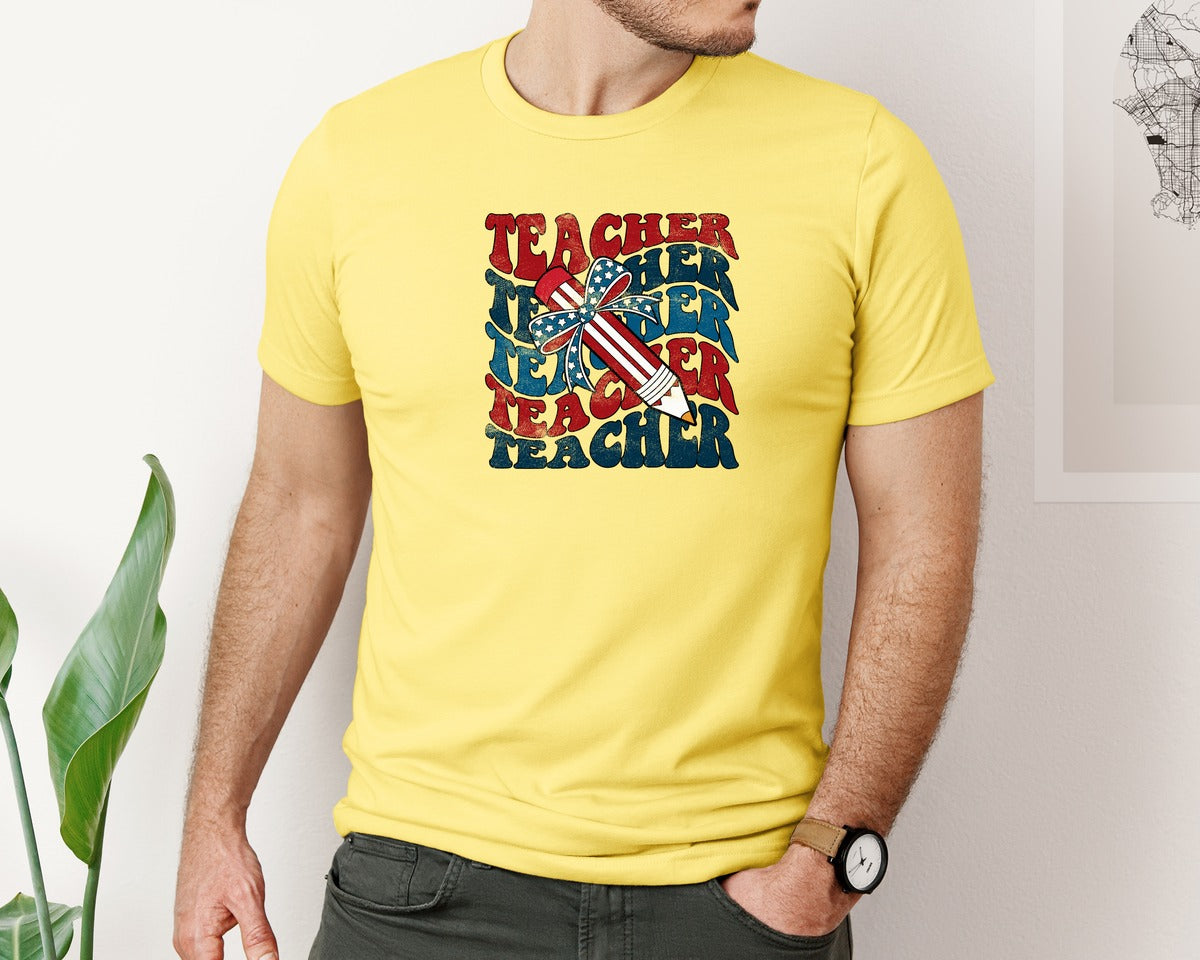 brand:Bella Canvas|color:Yellow|American Teacher 4Th Of July Shirt Graphic T-Shirt