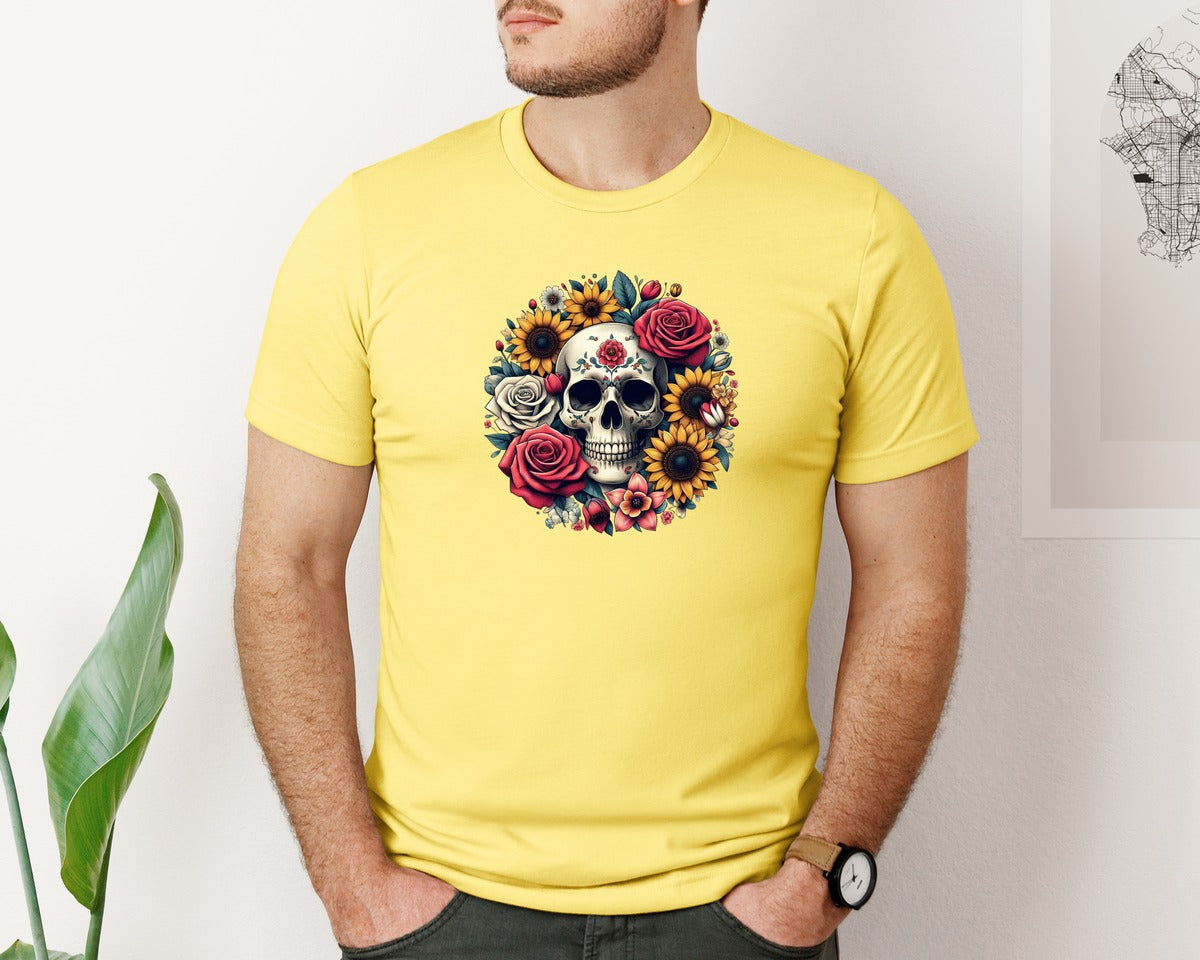 brand:Bella Canvas|color:Yellow|Vintage Floral Skull Printable Art Graphic T-Shirt