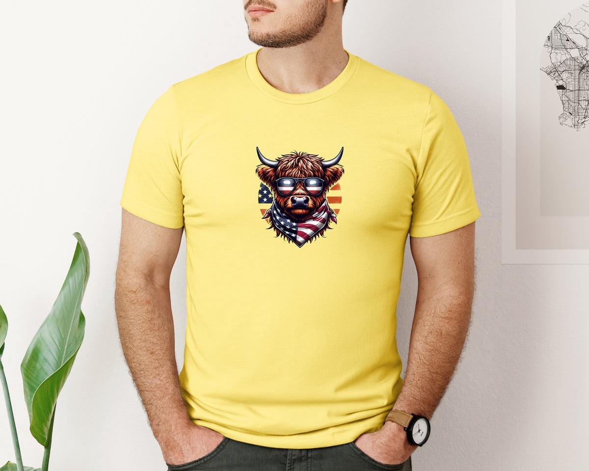 brand:Bella Canvas|color:Yellow|America Highland Cow Pngwestern Cow Graphic T-Shirt