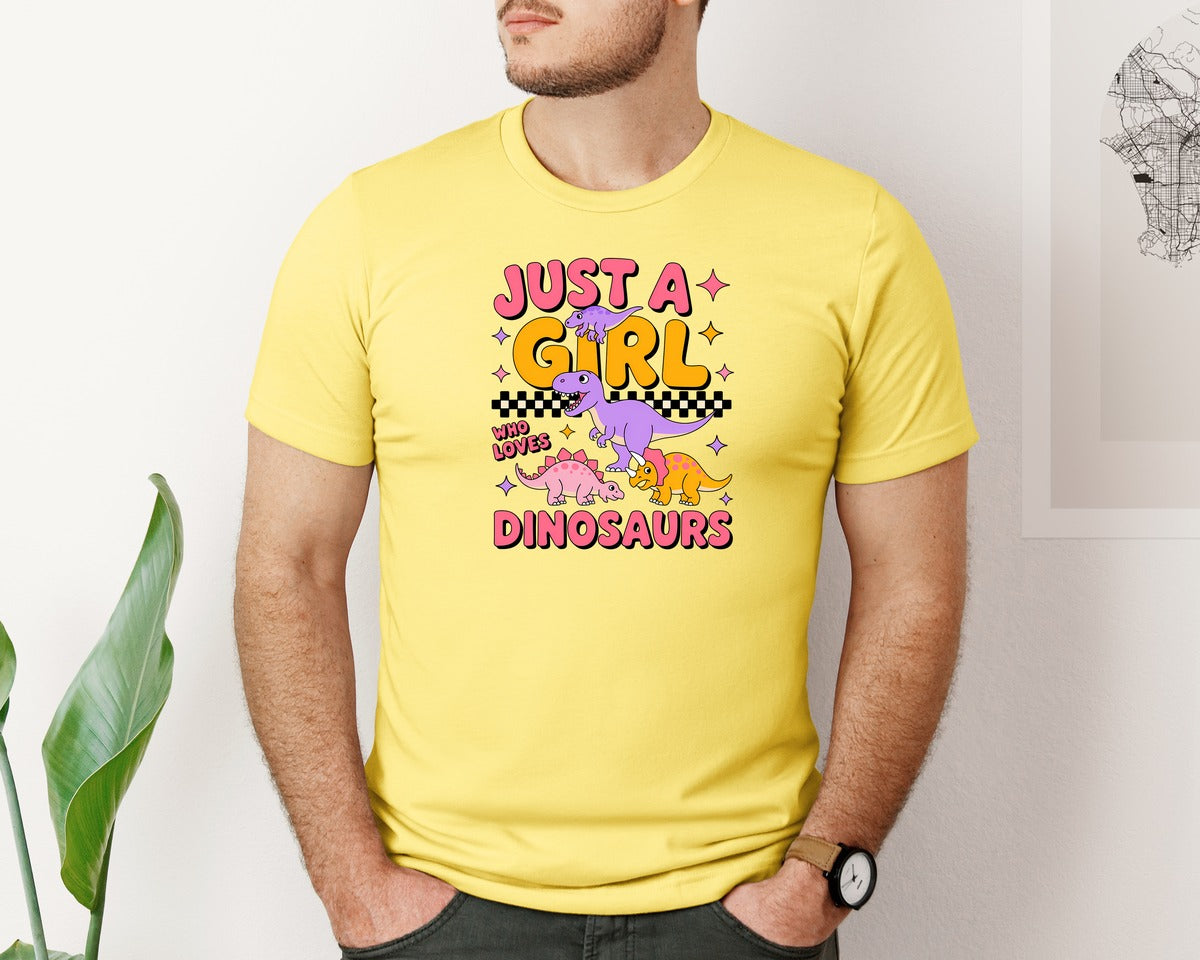 brand:Bella Canvas|color:Yellow|Just A Girl Who Loves Dinosaurs Shirt Graphic T-Shirt