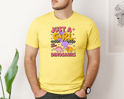 brand:Bella Canvas|color:Yellow|Just A Girl Who Loves Dinosaurs Shirt Graphic T-Shirt