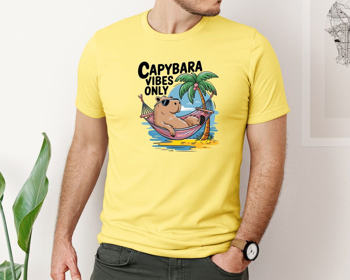 brand:Bella Canvas|color:Yellow|Capybara Vibes Only Summer T Shirt Print Graphic T-Shirt