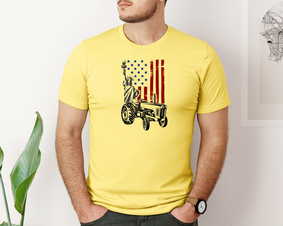 brand:Bella Canvas|color:Yellow|Vintage American Flag Tractor Usa Graphic T-Shirt