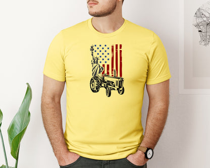brand:Bella Canvas|color:Yellow|Vintage American Flag Tractor Usa Graphic T-Shirt