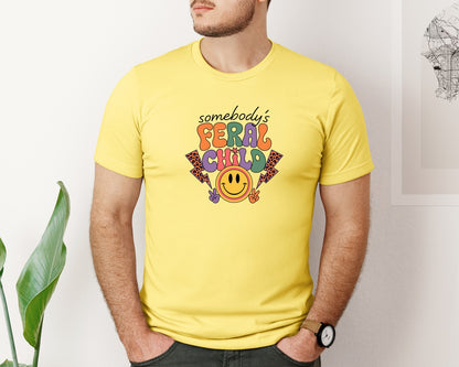 brand:Bella Canvas|color:Yellow|Somebodys Feral Child Funny Summer Graphic T-Shirt