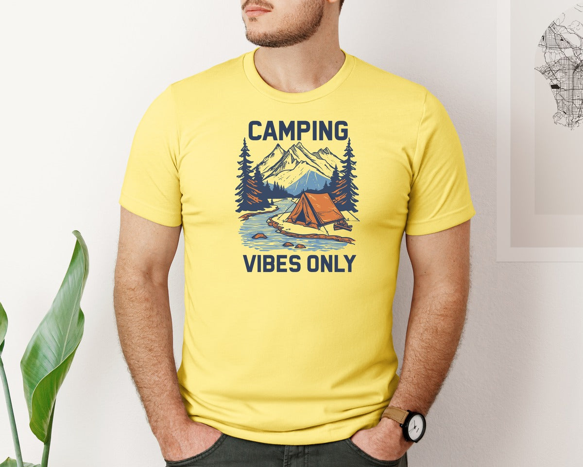 brand:Bella Canvas|color:Yellow|Camping Vibes Only Outdoor Adventure Tee Graphic T-Shirt