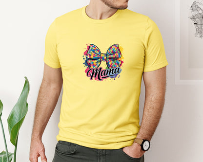 brand:Bella Canvas|color:Yellow|Autism Mama Colorful Puzzle Bow Art Graphic T-Shirt
