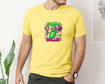 brand:Bella Canvas|color:Yellow|Cute Pickle Monster Playing Sports Graphic T-Shirt
