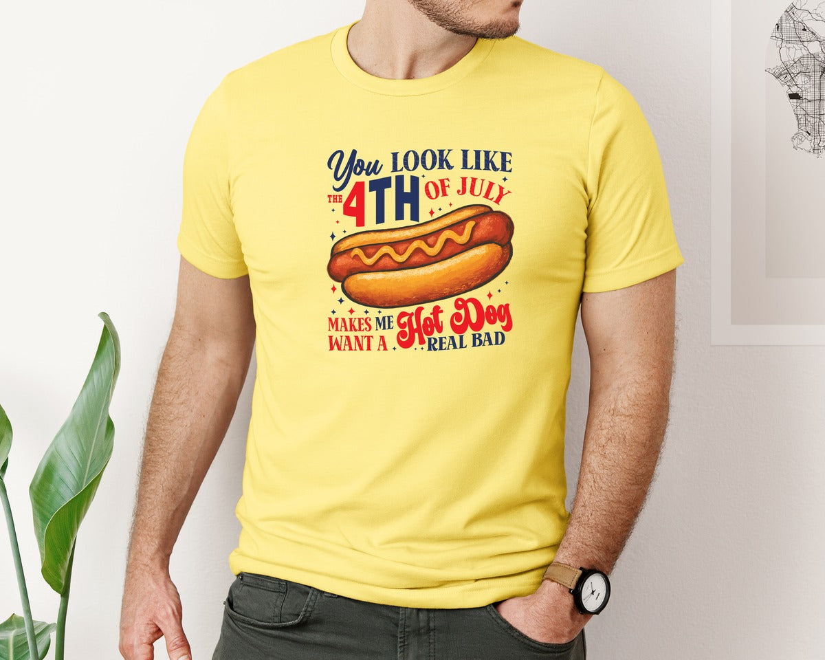 brand:Bella Canvas|color:Yellow|You Look Like 4Th Of July Hot Dog Graphic T-Shirt