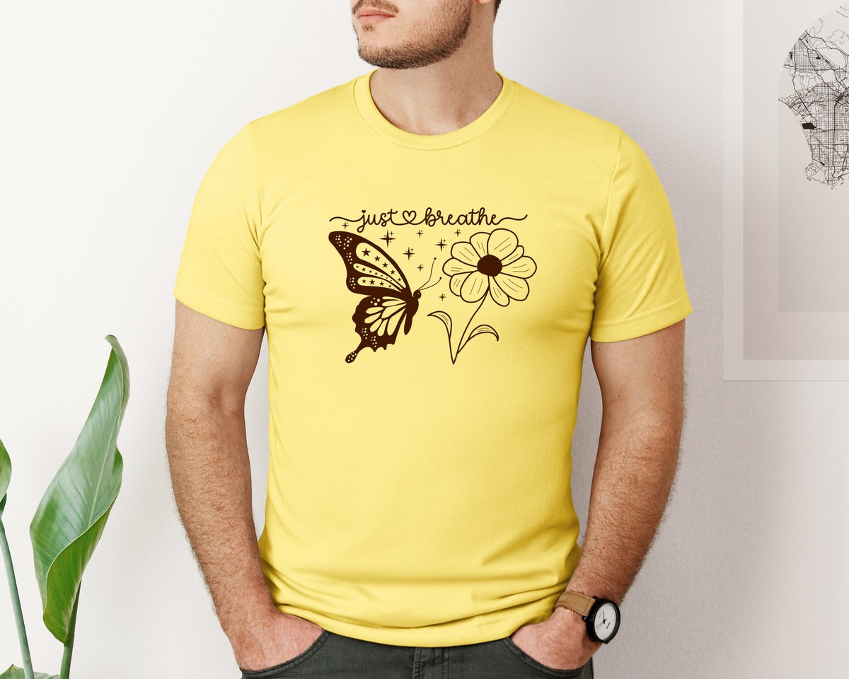 brand:Bella Canvas|color:Yellow|Just Breathe Butterfly Graphic T-Shirt