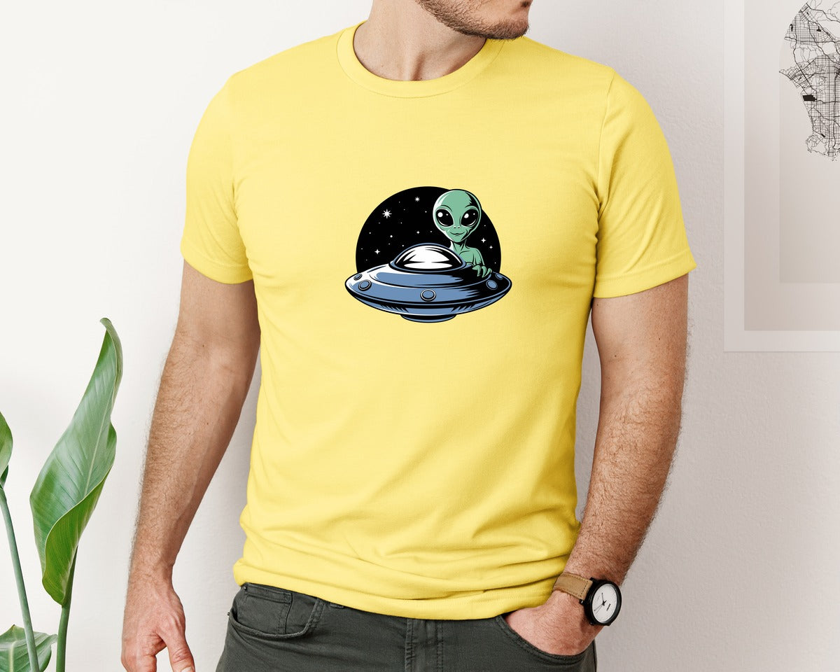 brand:Bella Canvas|color:Yellow|Retro Vintage Ufo Alien T Shirt Design 4 Graphic T-Shirt
