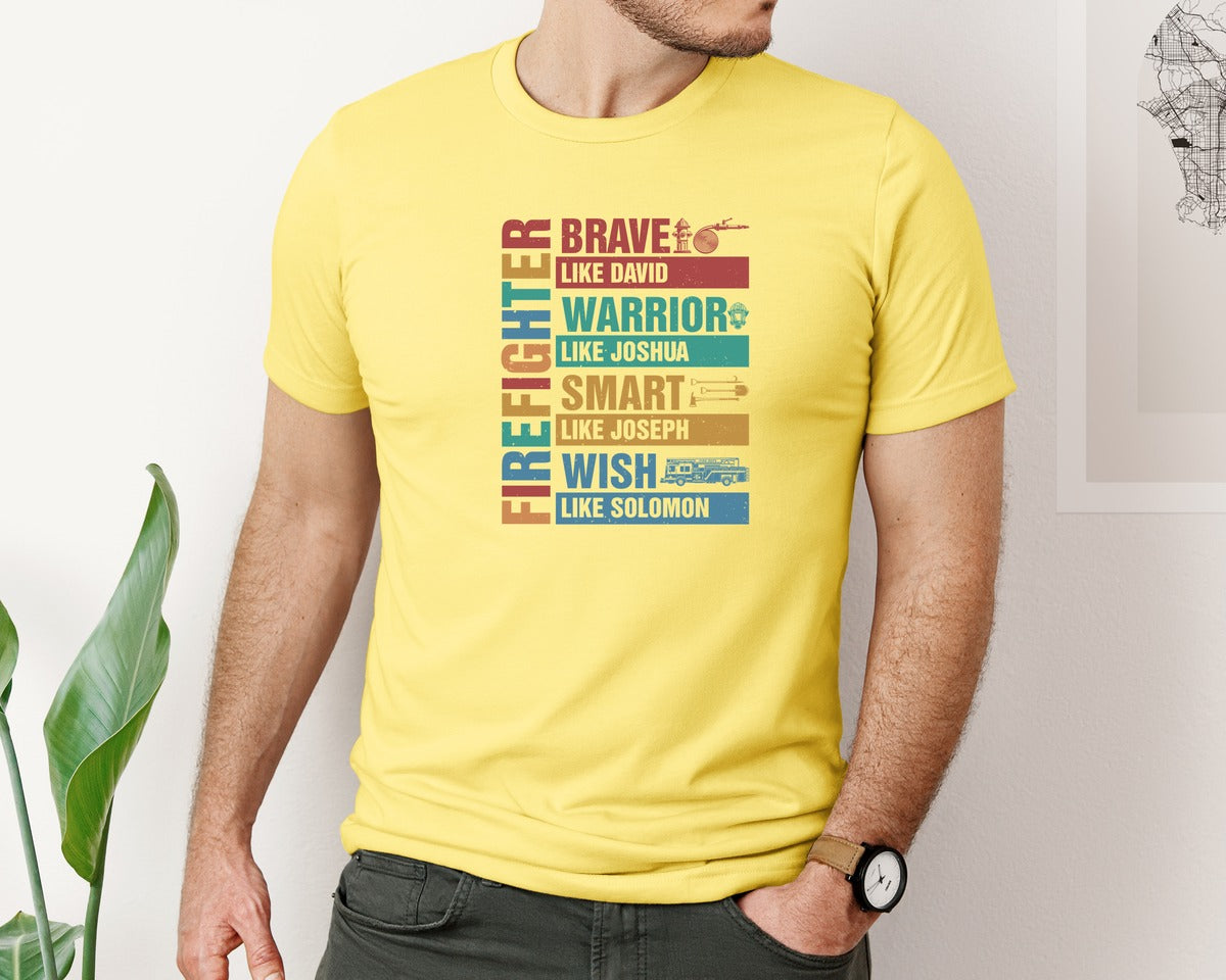 brand:Bella Canvas|color:Yellow|Firefighter Christian Bible Quote Graphic T-Shirt