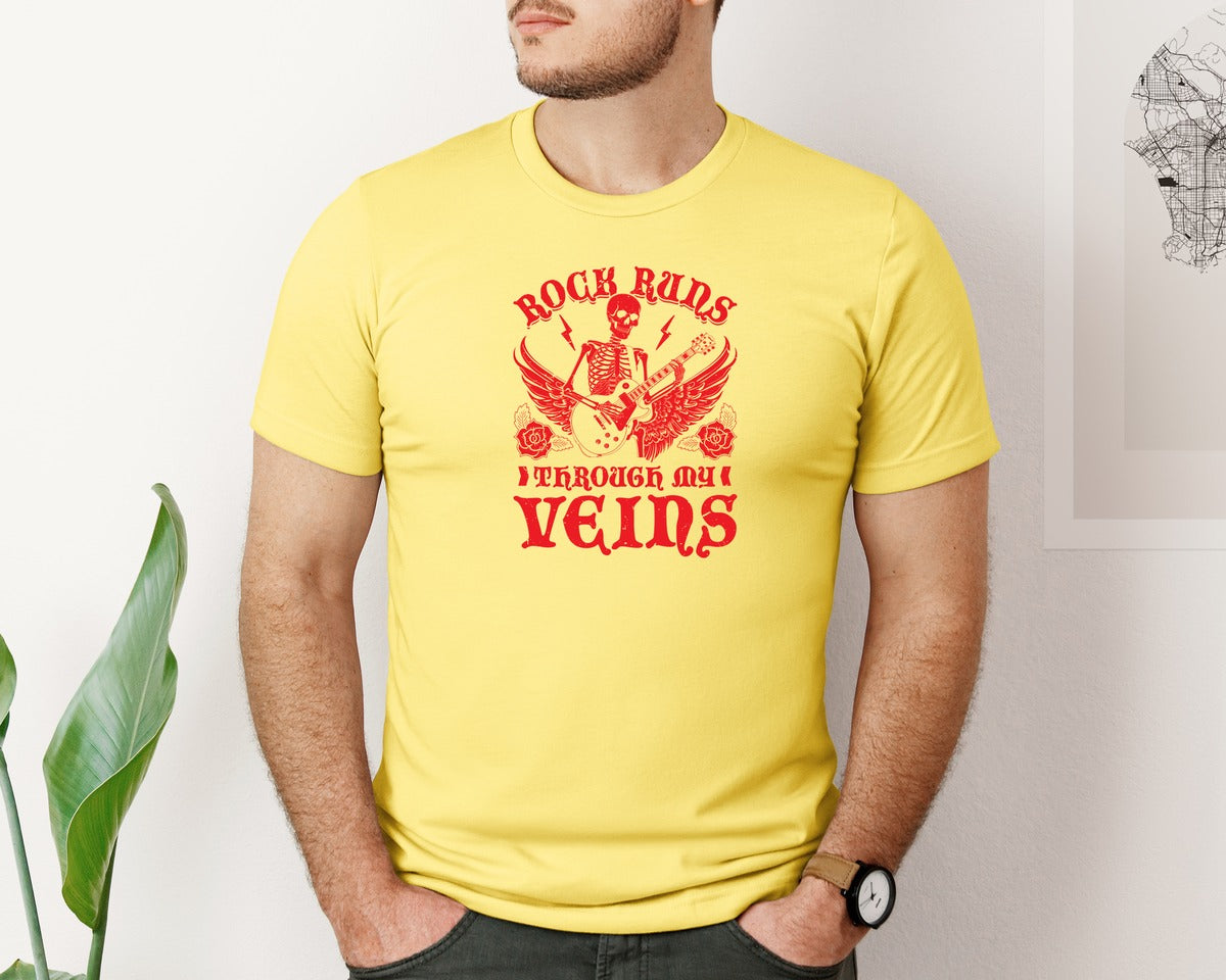 brand:Bella Canvas|color:Yellow|Rock Runs Through My Veins Design Graphic T-Shirt