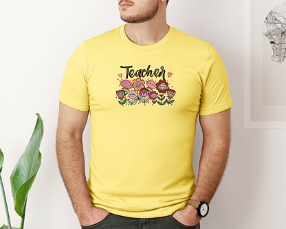 brand:Bella Canvas|color:Yellow|Floral Teacher Wildflower Teacher Graphic T-Shirt