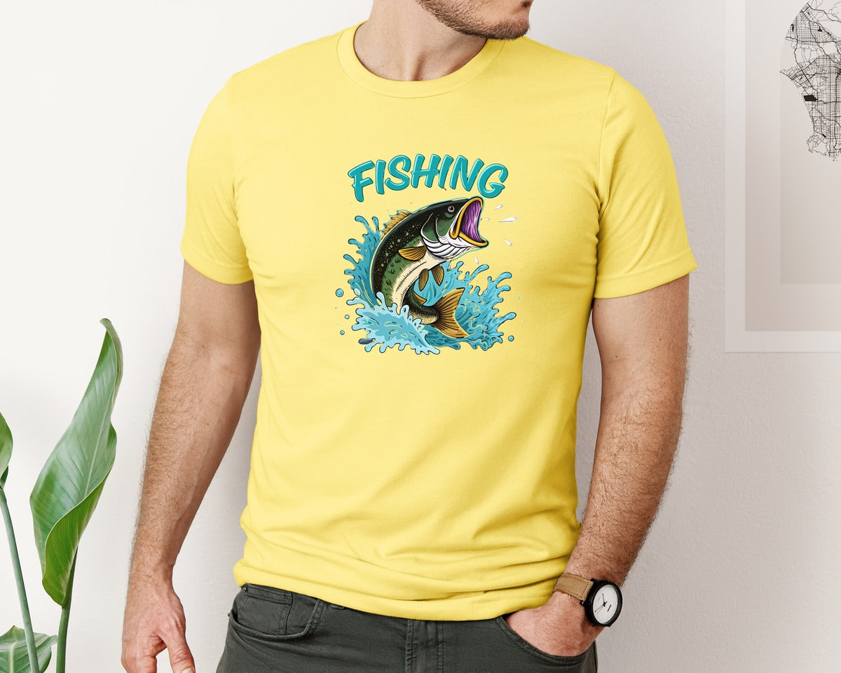 brand:Bella Canvas|color:Yellow|Fishing Jumping Bass Fish Graphic T-Shirt
