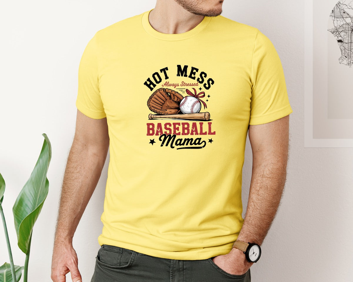 brand:Bella Canvas|color:Yellow|Baseball Mama Hot Mess Art 2 Graphic T-Shirt