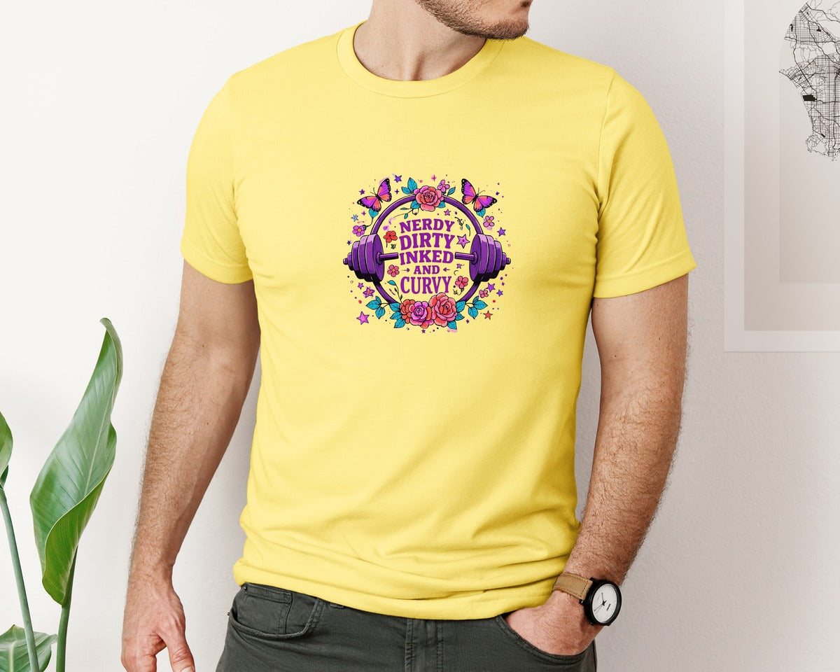 brand:Bella Canvas|color:Yellow|Nerdy Dirty Inked Curvy Barbell Graphic T-Shirt