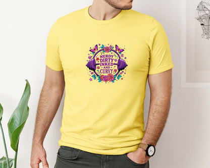 brand:Bella Canvas|color:Yellow|Nerdy Dirty Inked Curvy Barbell Graphic T-Shirt