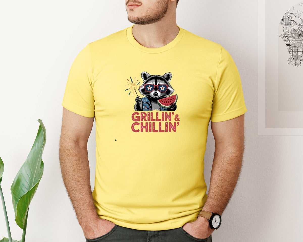 brand:Bella Canvas|color:Yellow|Feral 4Th Of July Raccoon 3 Graphic T-Shirt