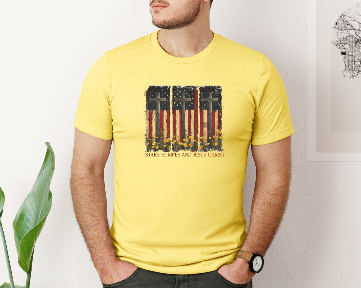 brand:Bella Canvas|color:Yellow|Stars And Stripes And Jesus Christ Graphic T-Shirt