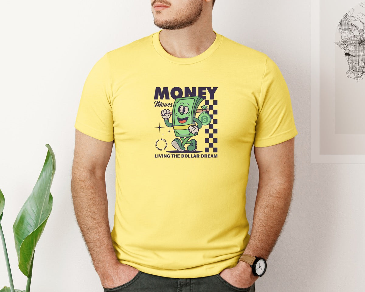 brand:Bella Canvas|color:Yellow|Retro Money Cartoon Character Design Graphic T-Shirt