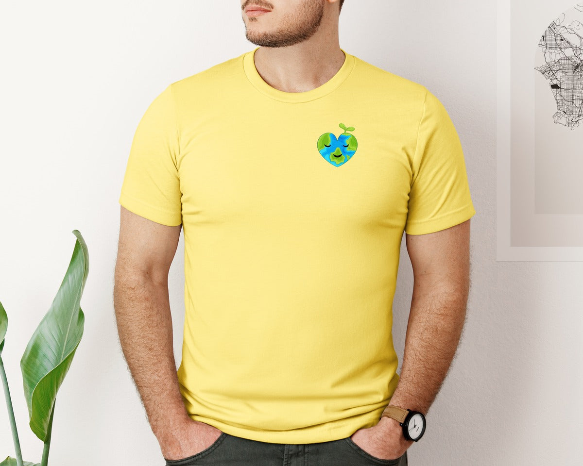brand:Bella Canvas|color:Yellow|Love Heart Earth Globe Pocket Design Graphic T-Shirt