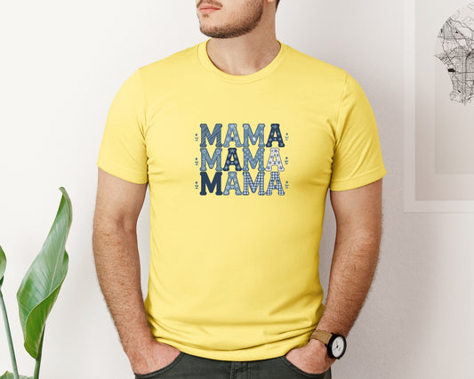 Blue Floral Mama Repeating Text Design Graphic T-Shirt