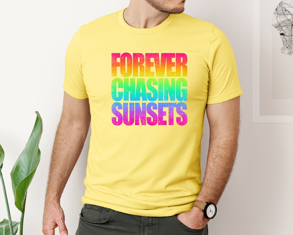 brand:Bella Canvas|color:Yellow|Forever Chasing Sunsets Distressed 2 Graphic T-Shirt