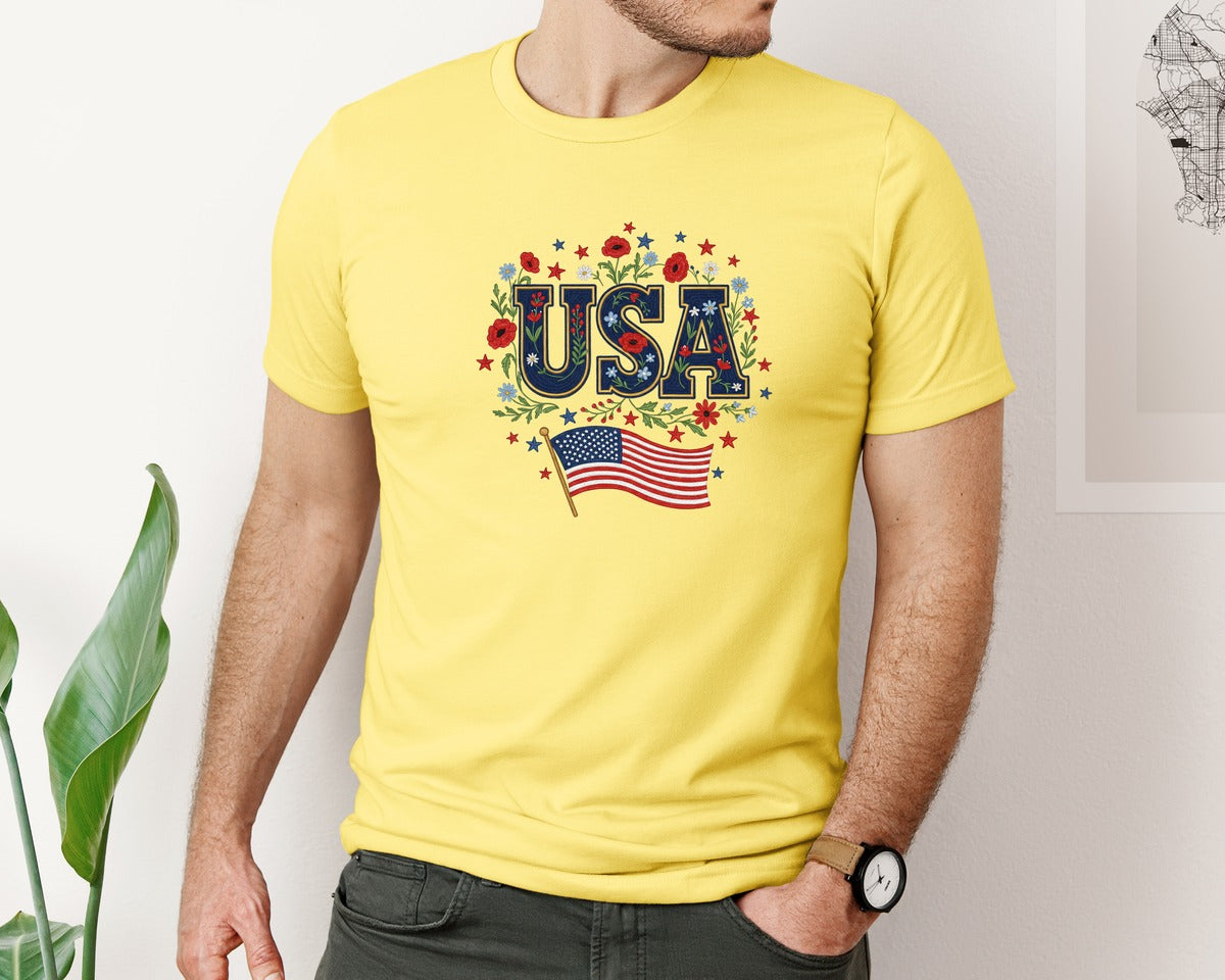 brand:Bella Canvas|color:Yellow|Floral Embroidery Usa Retro America 7 Graphic T-Shirt