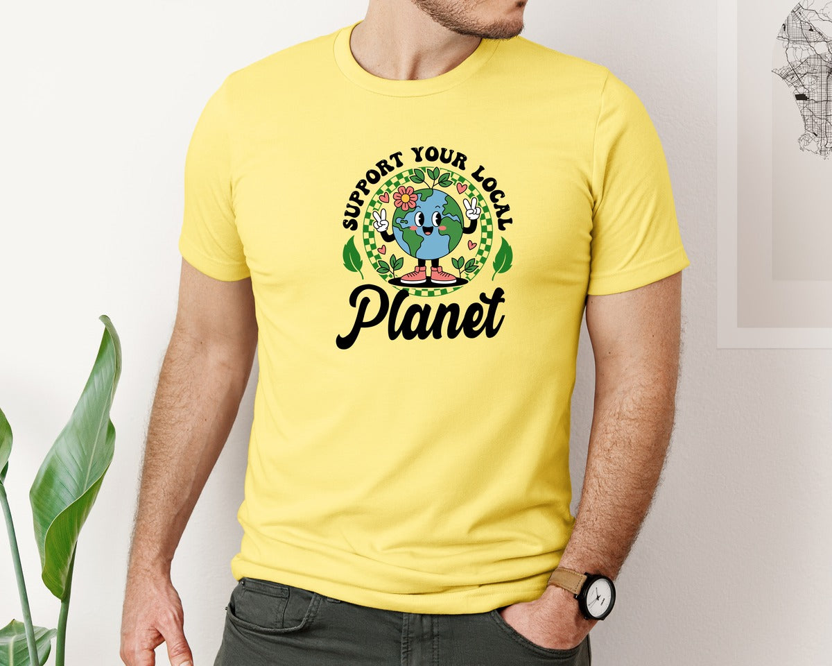 brand:Bella Canvas|color:Yellow|Earth Day Support Your Local Planet 2 Graphic T-Shirt