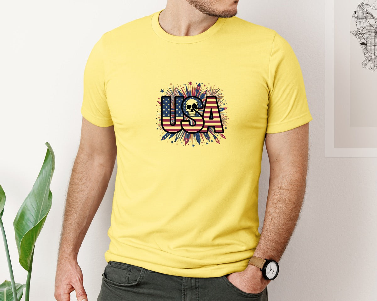 brand:Bella Canvas|color:Yellow|Usa Skull Fireworks 4Th Of July T Shirt 2 Graphic T-Shirt