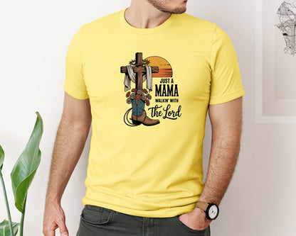 brand:Bella Canvas|color:Yellow|Just A Mama Walkin With The Lord Graphic T-Shirt