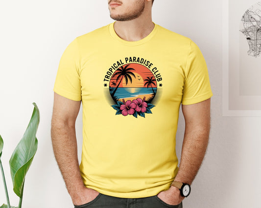Tropical Paradise Club Beach Scene Graphic T-Shirt
