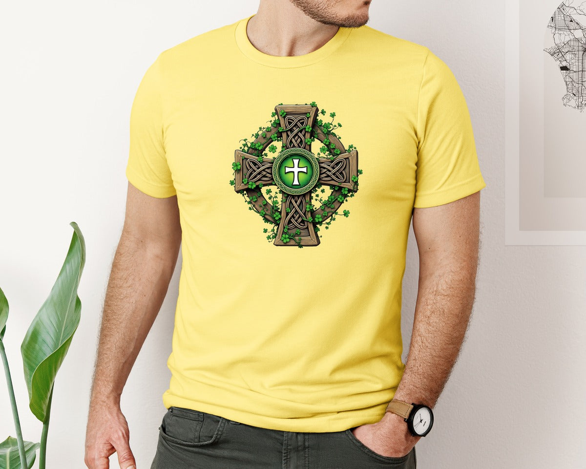 brand:Bella Canvas|color:Yellow|Celtic Cross With Shamrocks Irish Graphic T-Shirt