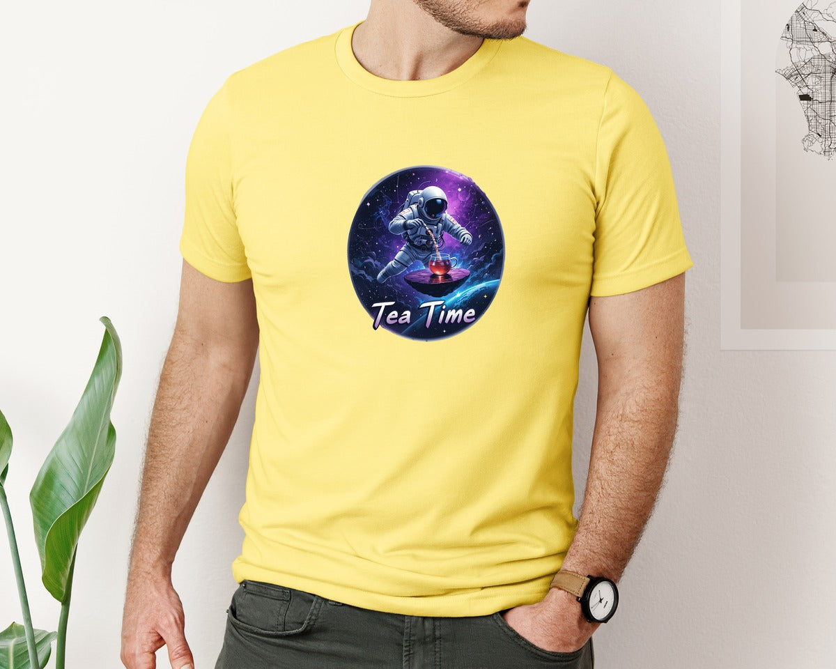 brand:Bella Canvas|color:Yellow|Astronaut Tea Time In Space T Shirt Graphic T-Shirt