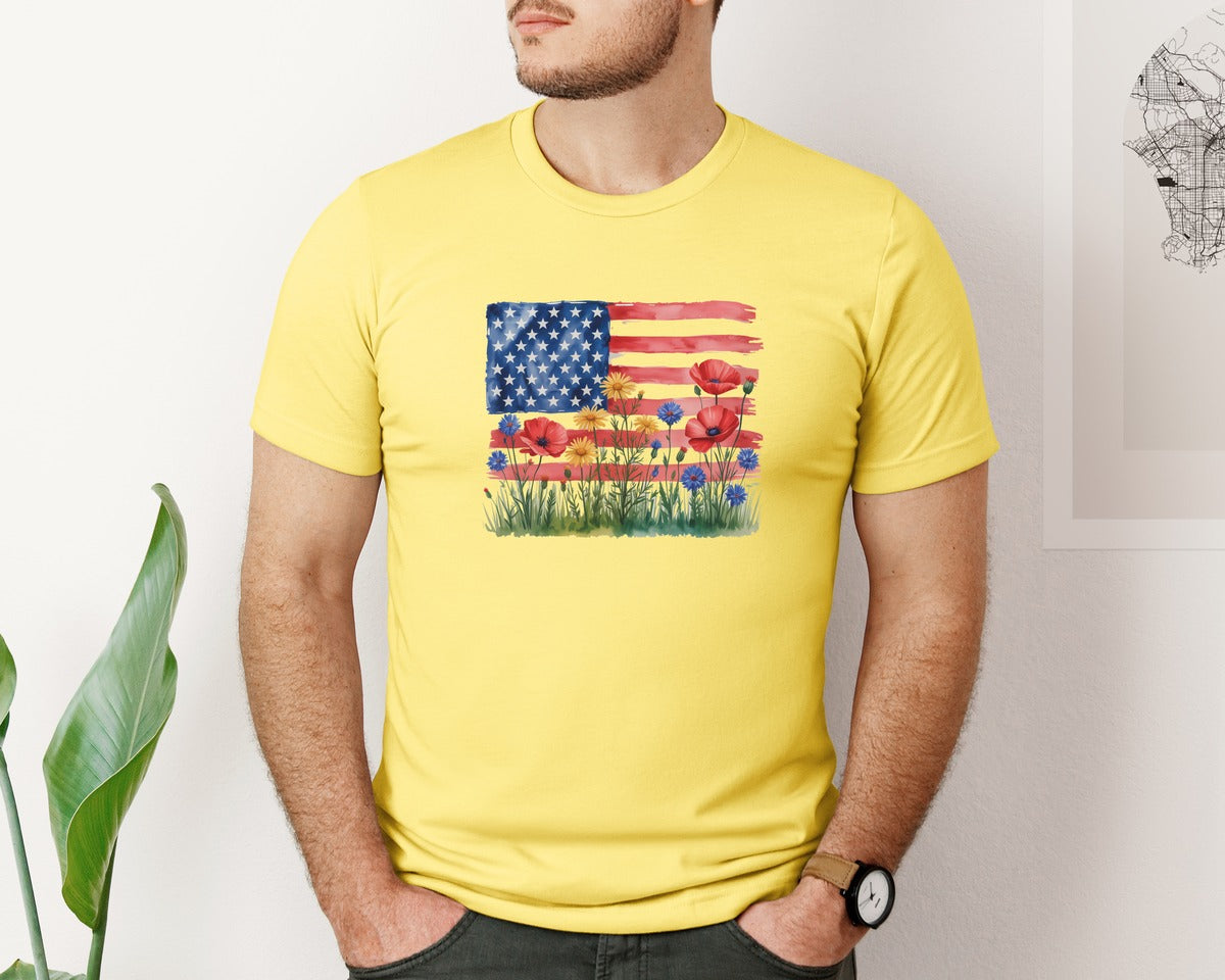 brand:Bella Canvas|color:Yellow|American Flag Floral Patriotic Wild Graphic T-Shirt