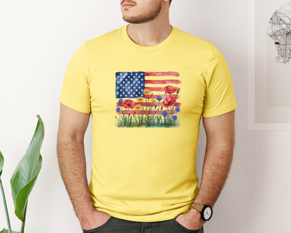 brand:Bella Canvas|color:Yellow|American Flag Floral Patriotic Wild Graphic T-Shirt