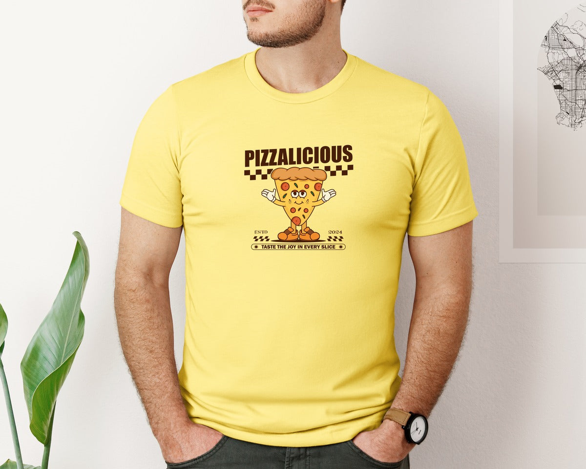 brand:Bella Canvas|color:Yellow|Vintage Slice Pizza Cartoon Character Graphic T-Shirt
